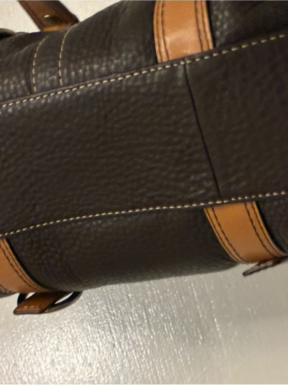 Women’s Brown Leather Tote with Tan Strap Accents